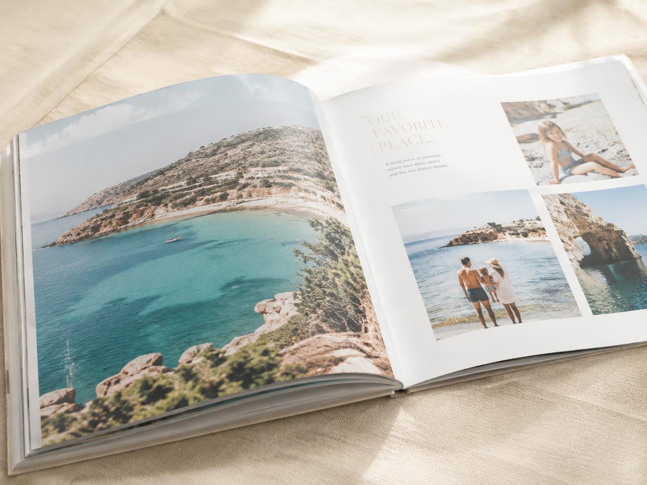Open printed photo book titled Our Adventure in Menorca